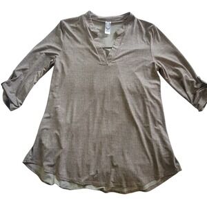 Honeyme Los Angeles Tunic Top Women's Small Taupe Roll Tab‎ Sleeve V Neck